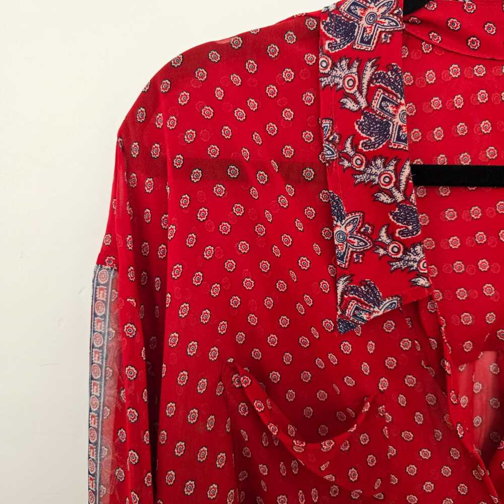 Free People Red Semi-Sheer Bohemian Print Blouse M Paisley Festival Bandana - Picture 2 of 9